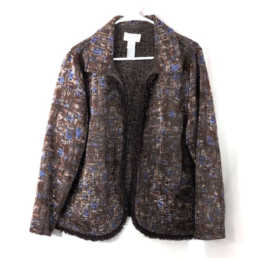 Women's Brown Blue Blazer Fringe Trim Subtle Gold Sparkle Open Jacket Size 18